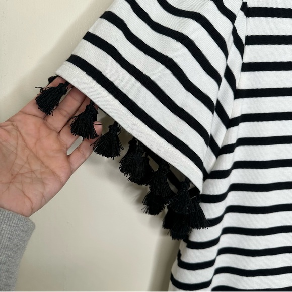 Kate Spade Black and Off White Stripe Flutter Sleeve Tassel Top - Picture 4 of 9